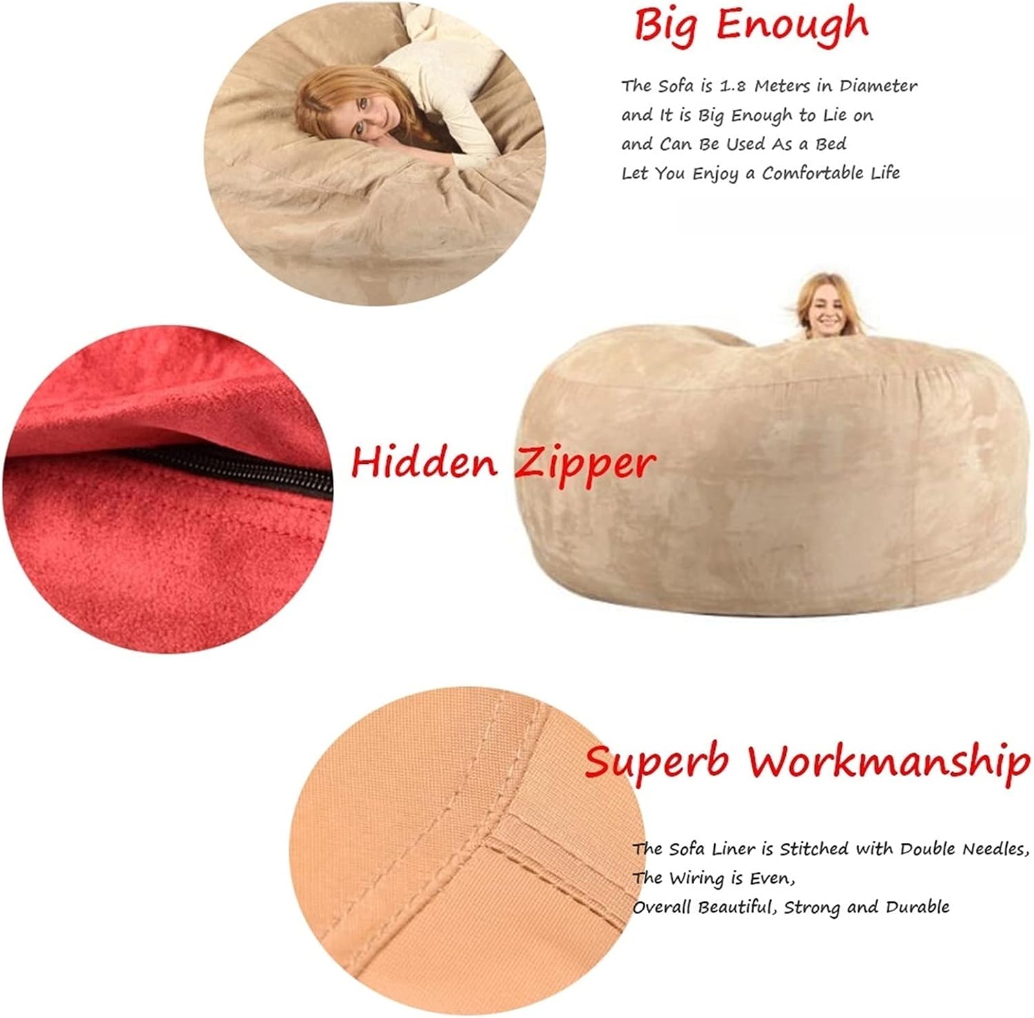 Bean Bag Chair Cover(no Filler),Adults Luxurious Giant 6/7/8ft Huge Bean Bag Chair for Organizing Children Plush Toys or Memory Foam (Color : Blue, Size : 8ft)