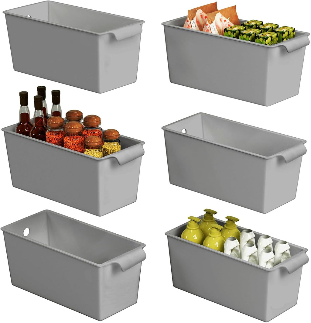 Plastic Storage Bins 6 Pack, Front Handle Design, 11"x5" Pantry Organization and Storage Open Top Baskets for Shelves Closet Cabinet Sink Counter Cupboard Drawer Rridge (Gray)