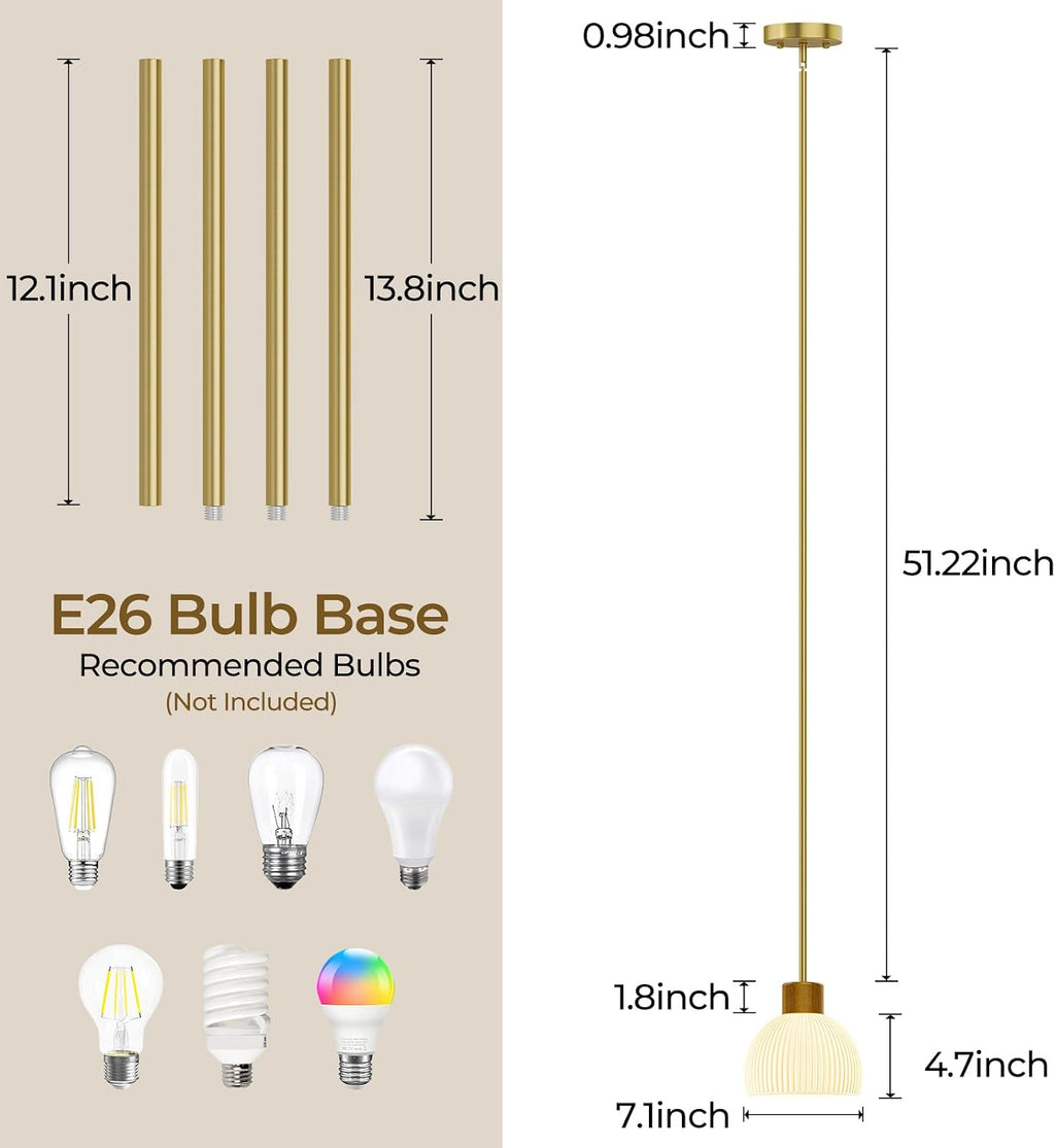 Pendant Lights Kitchen Island, Modern Gold Hanging Light Fixture with Glass Shade, Hardwired Adjustable Metal Rod for Dining Room, Entryway (2, Gold)