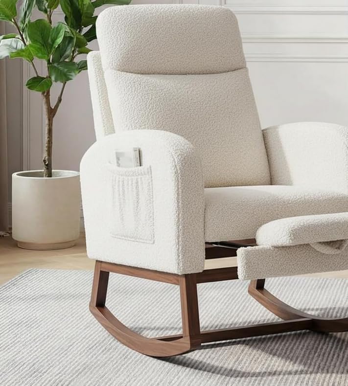 GarveeLife Nursery Rocking Chair,300lb Glider Chair with Solid Wood Legs/Two Side Pockets,Teddy Upholstered Glider Rocker with Footrest High Backrest for Living Room/Bedroom/Nursery