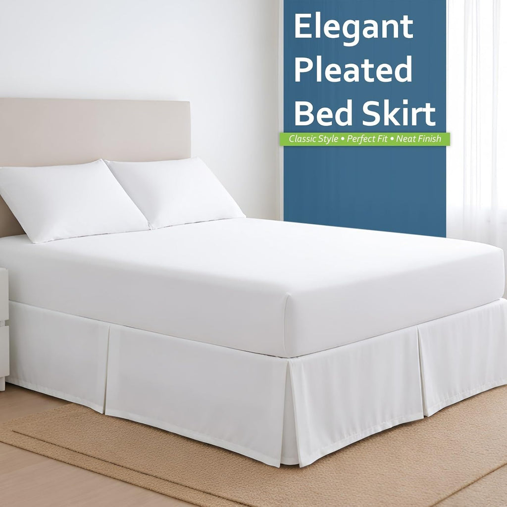 Twin Bed Skirt 18 Inch Drop, Pleated Dust Ruffle with Split Corners, 3-Sided Easy Fit Bed Skirt with Platform, Ultra-Soft Microfiber, Wrinkle Resistant, Tailored Fit, White