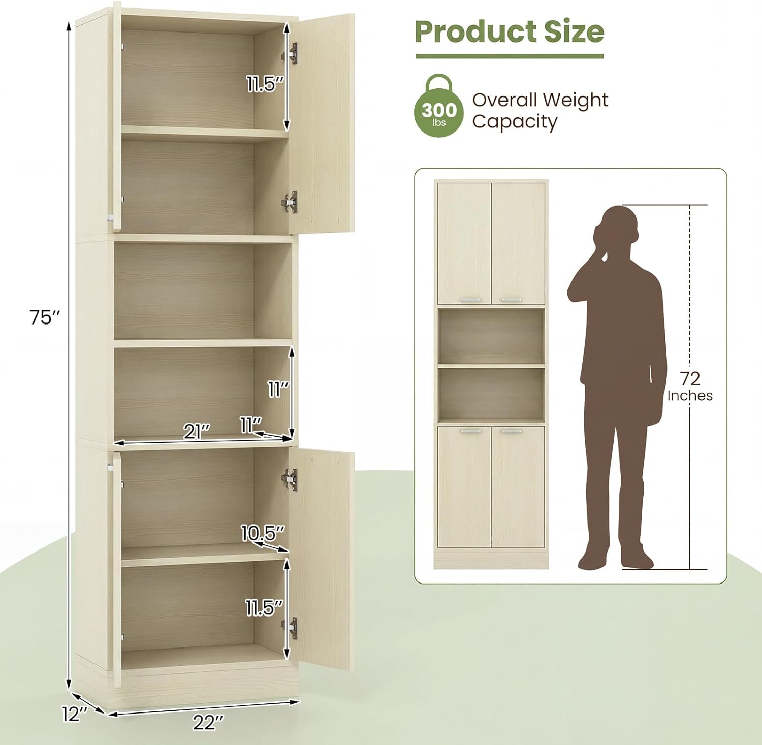 Giantex Kitchen Pantry Cabinet, 75'' Tall Freestanding Cupboard with Doors & Shelves, Safety Hinges & Anti-Tipping Devices, Storage Sideboard for Dining Room, Living Room (Light Oak)
