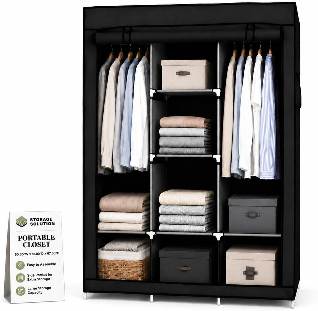 American Dream Heavy Duty Storage Closet, Black, 50.3" W x 18" D x 67" H | Freestanding, Wardrobe Organizer Cabinet, With Shelving