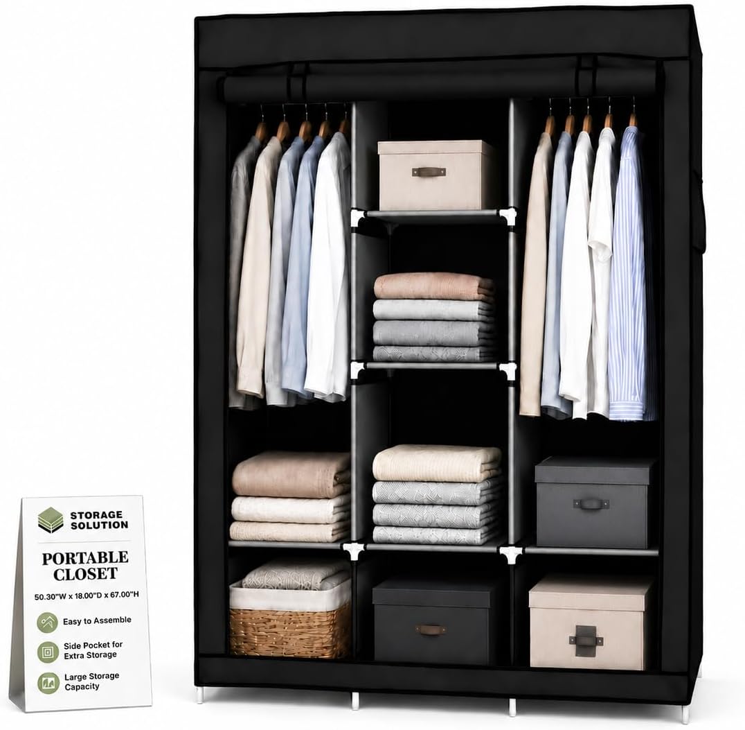 American Dream Heavy Duty Storage Closet, Black, 50.3" W x 18" D x 67" H | Freestanding, Wardrobe Organizer Cabinet, With Shelving