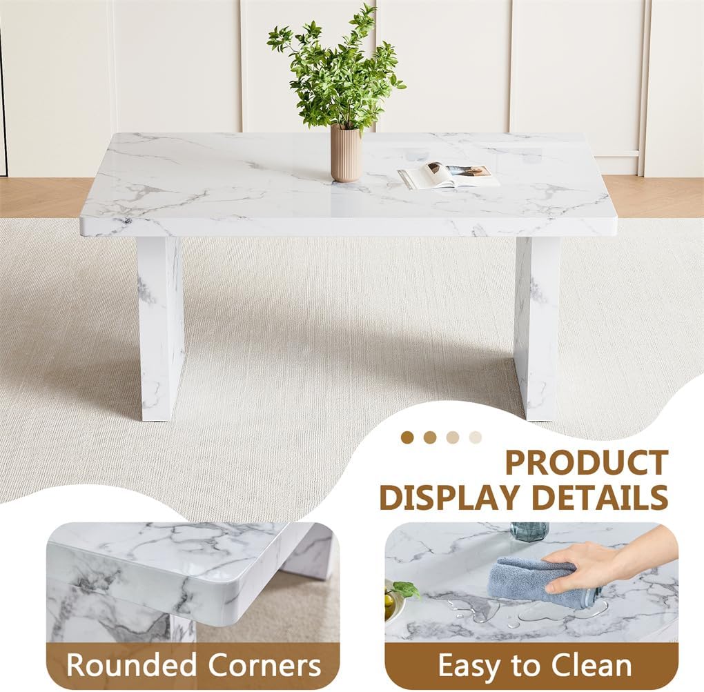 63" Marble Grain Dining Table, Modern Dining Table for 4/6, Dining Room Table?White, Easy Assembly