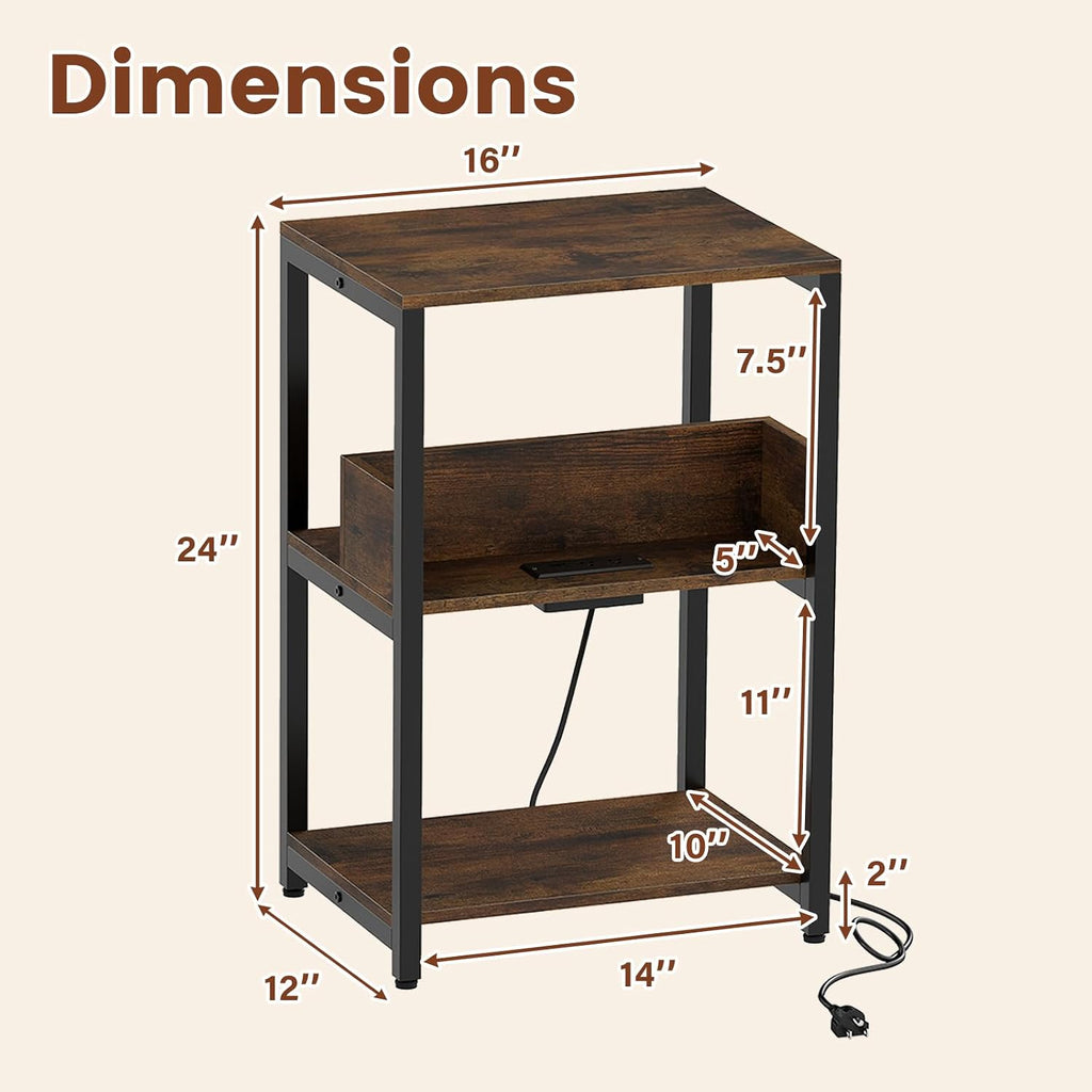 Giantex Side Table with Charging Station - Industrial 3-Tier Bedside Table w/Open Storage Shelves, Sofa End Tables Night Stands for Small Spaces Living Room Bedroom Home Office, Rustic Brown (1)