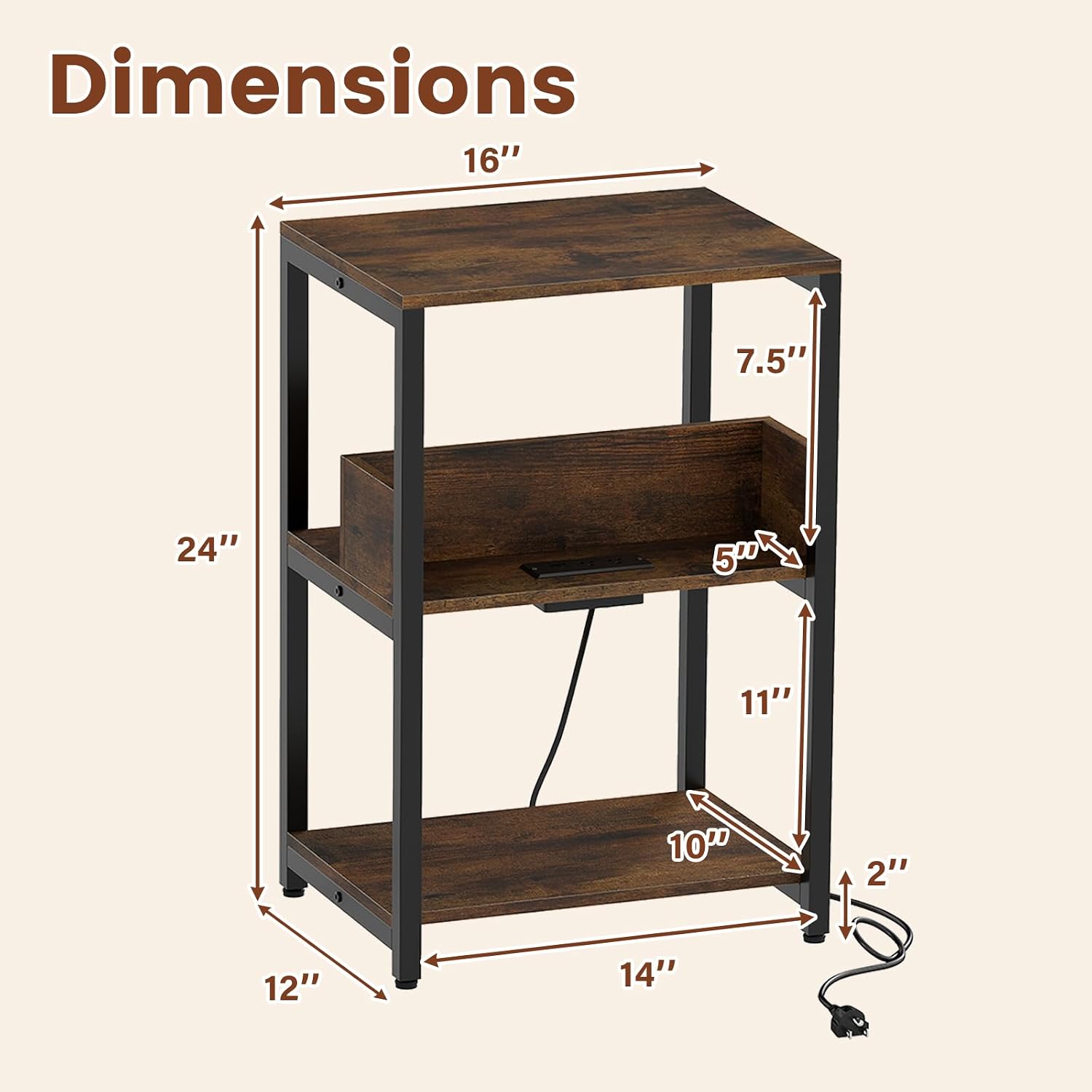 Giantex Side Table with Charging Station - Industrial 3-Tier Bedside Table w/Open Storage Shelves, Sofa End Tables Night Stands for Small Spaces Living Room Bedroom Home Office, Rustic Brown (1)