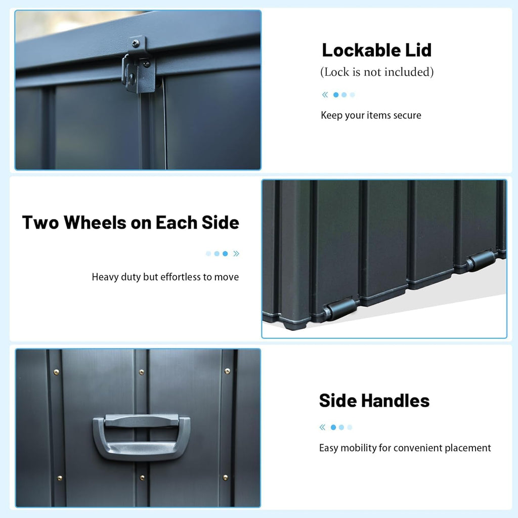 Galvanized Steel Outdoor Storage Box Lockable Bench with Hydraulic Lid Wheels for Patio Backyard Pool Cushions Tools Package Storage (Dark Brown)