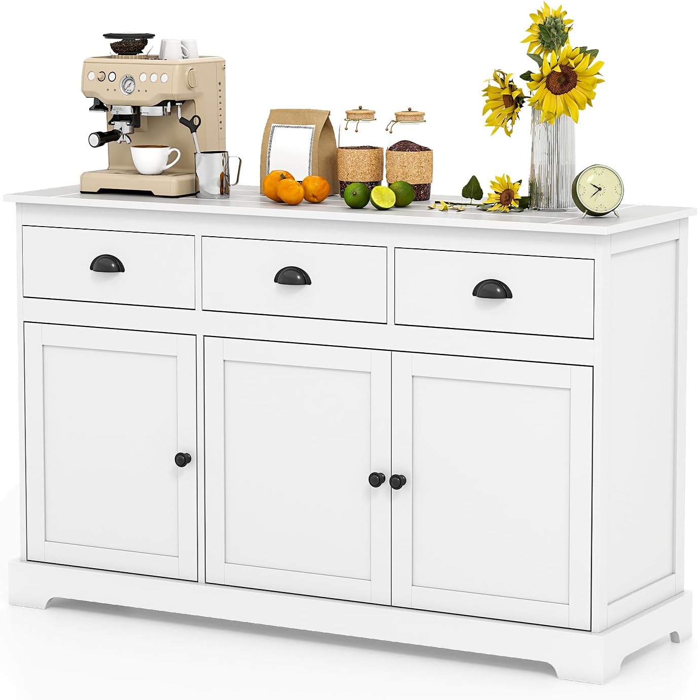 COSTWAY Sideboard Buffet Cabinet with Storage, Modern Coffee Bar Station with Drawers, Doors and Adjustable Shelves, Wooden Kitchen Storage Cabinet for Room (White)