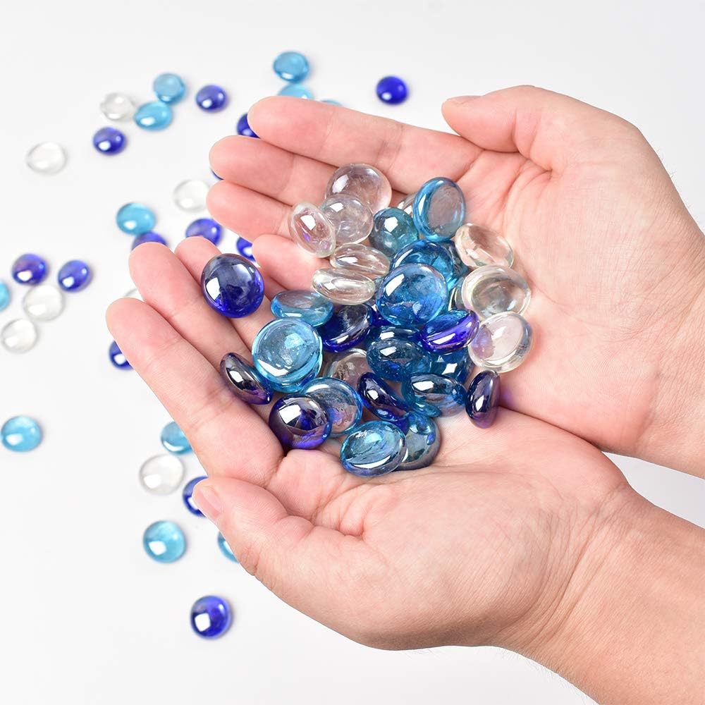 Flat Glass Marbles 1lb, 100PCS Mixed Color Blue Glass Beads for Vases Flat Gems Aquarium Pebbles Decorative Vase Filler Table Scatter Decor