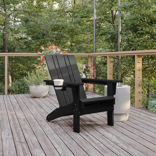 Flash Furniture Halifax Adirondack Chair with Cup Holder, Weather Resistant Poly Resin Adirondack Chair, Black