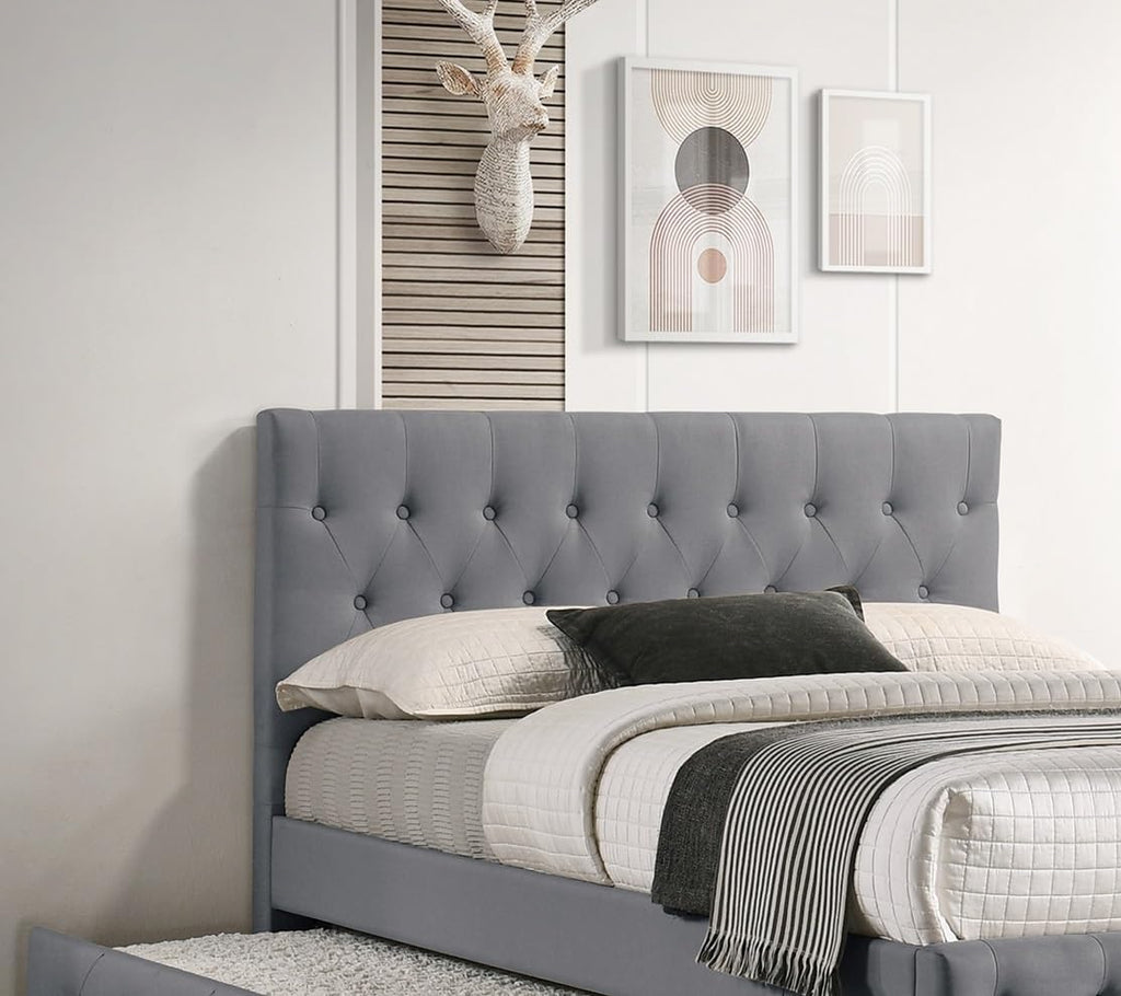 Contemporary Twin Size Bed w, Trundle Slats Light Grey Burlap Upholstered Button Tufted Headboard Footboard Youth Bedroom Furniture Wooden Slats 1pc Bed