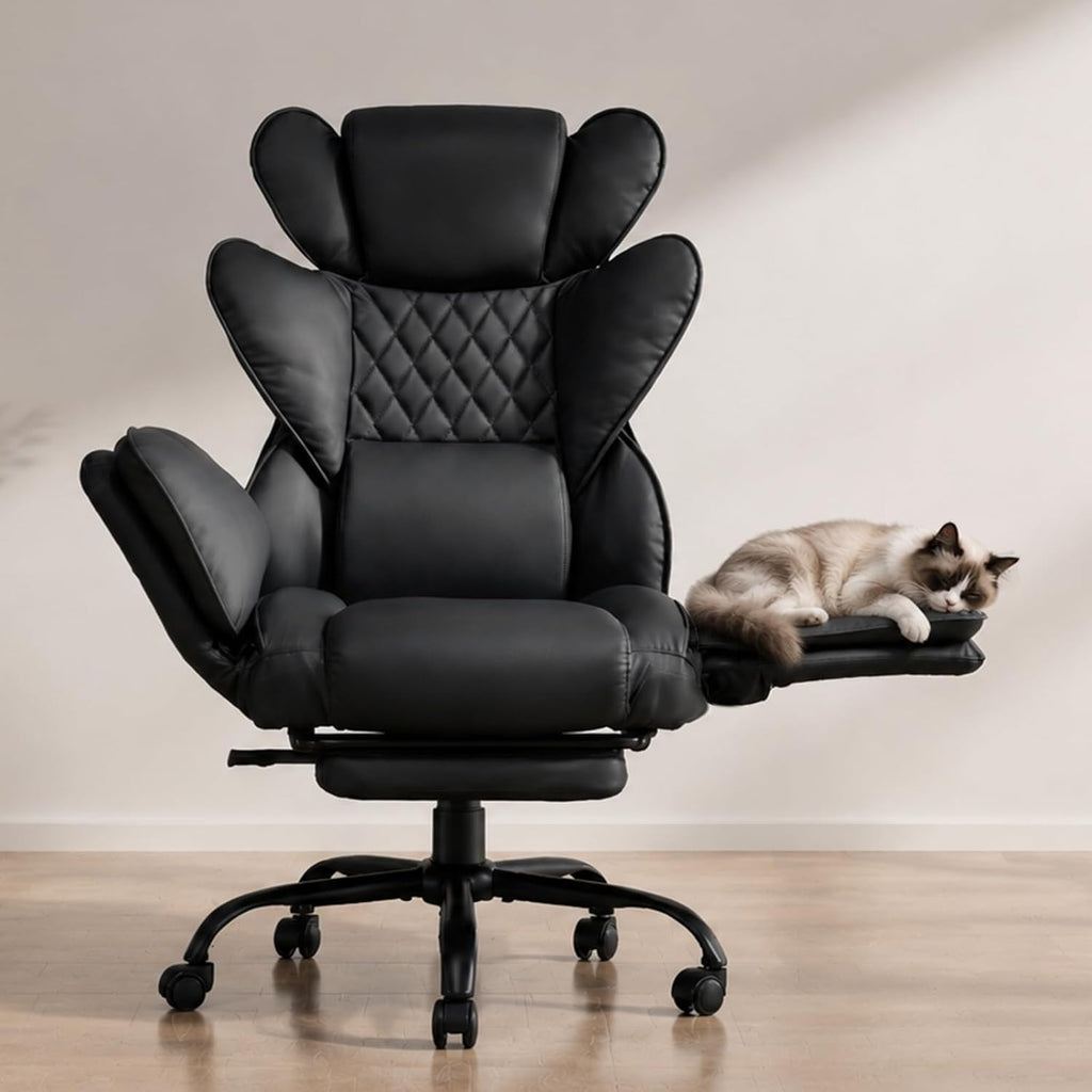 Big and Tall Office Chair with Flip Armrests for Pets and Cross Legged Sitting, Reclining Ergonomic Computer Desk Chair with Foot Rest, Wide Seat PU Leather Executive Chair, 135° Recline Silent Wheels