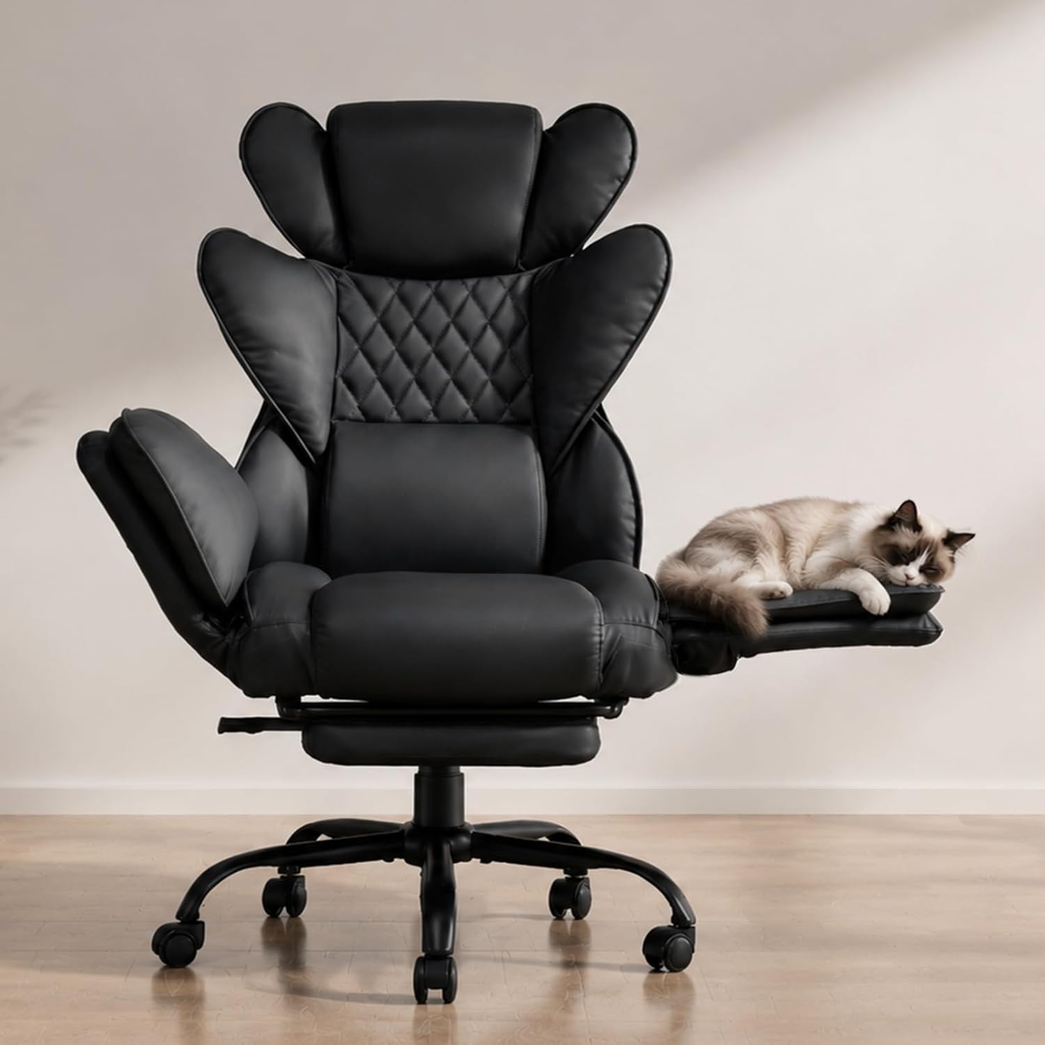 Big and Tall Office Chair with Flip Armrests for Pets and Cross Legged Sitting, Reclining Ergonomic Computer Desk Chair with Foot Rest, Wide Seat PU Leather Executive Chair, 135° Recline Silent Wheels