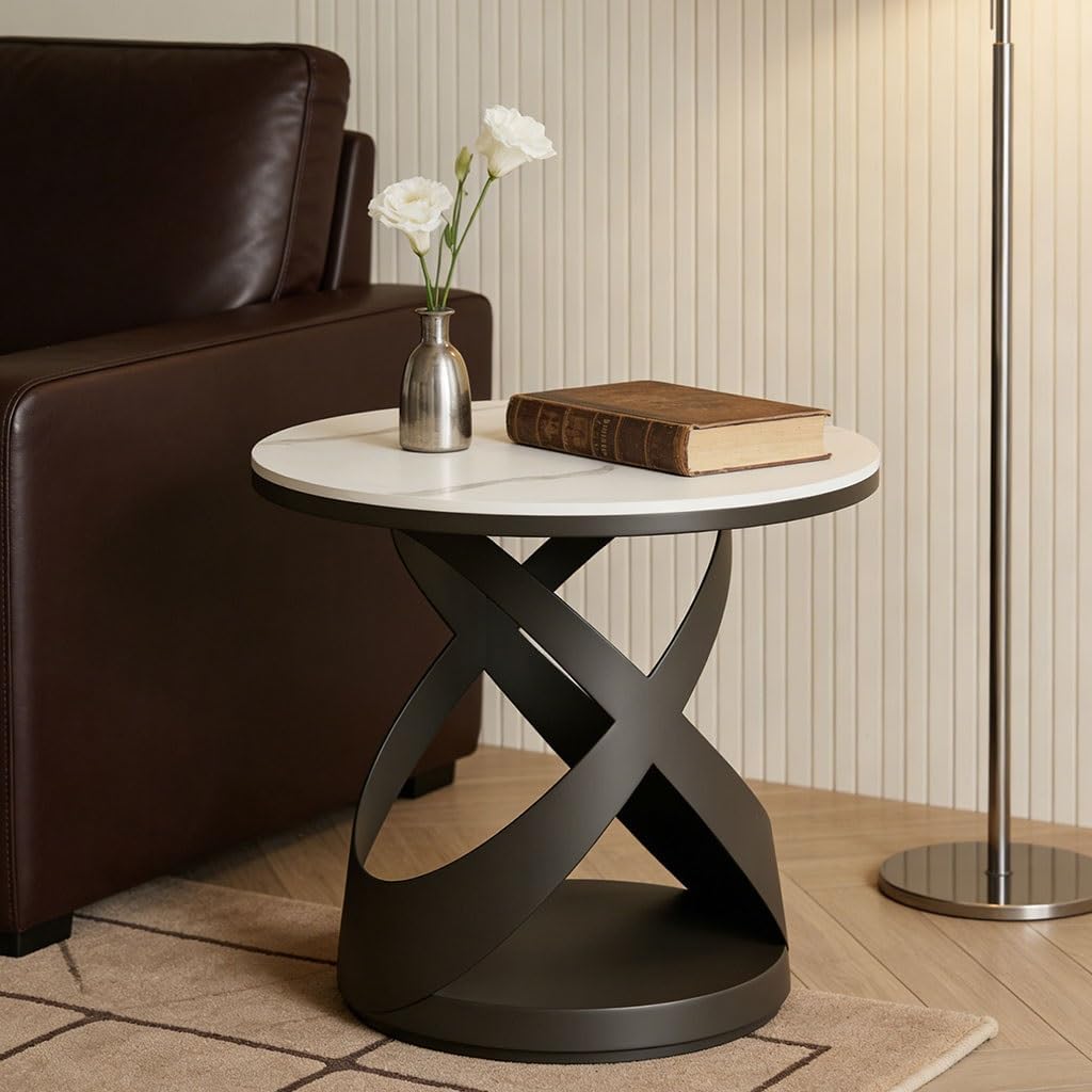 Marble End Table for Couch,Overbed Table for Laptop, Snacks & Coffee,Modern Living Room Accent Tables Nightstand for Corner(Black)