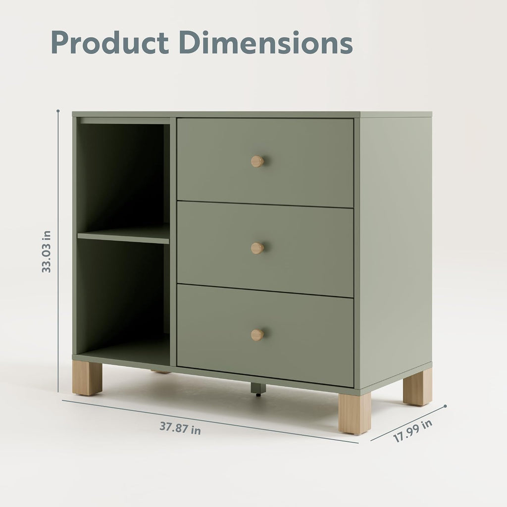 Storkcraft California 3 Drawer Combo Dresser, Olive with Driftwood | GREENGUARD Gold Certified, Interlocking Drawer System, Pre-Installed Drawer Tracks for Easier Assembly, Spacious Cabinet