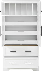 Farmhouse Pantry Cabinet, Tall Freestanding Kitchen Storage Cabinet with Pull-Out Trays, Drawers and Cake Pan Storage Organizer for Dining Room (White)