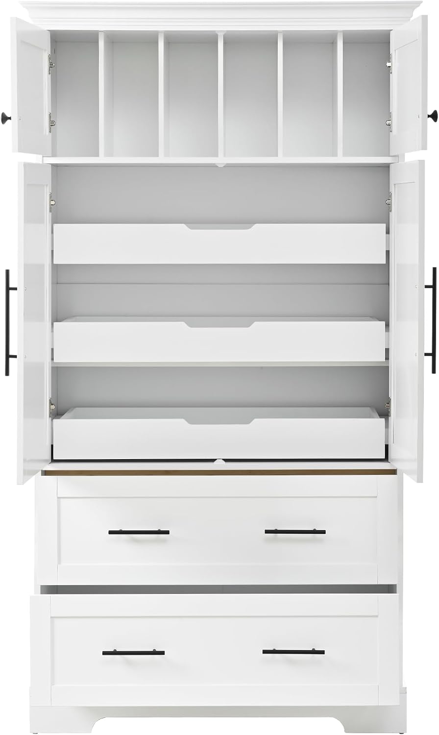 Farmhouse Pantry Cabinet, Tall Freestanding Kitchen Storage Cabinet with Pull-Out Trays, Drawers and Cake Pan Storage Organizer for Dining Room (White)