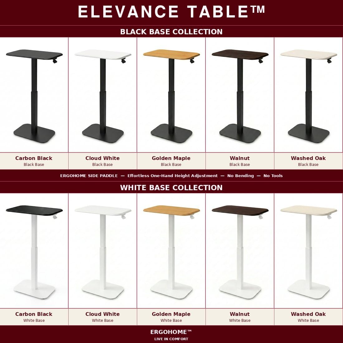 Ergohome™ ELEVANCE Table™ Height Adjustable Minimalist Tables, Laptop Desk, Living Room, Small Side Table, Drink Coffee End Table, Sofa Table, Study and Small Spaces (White Base Cloud White Top)
