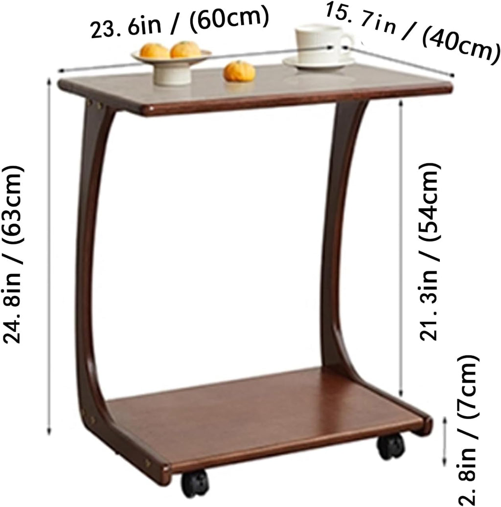 Solid Wood C-Shaped End Table with Wheels, Walnut Slide Under Sofa Side Table with Storage Shelf, Mobile Accent Table for Living Room Bedroom