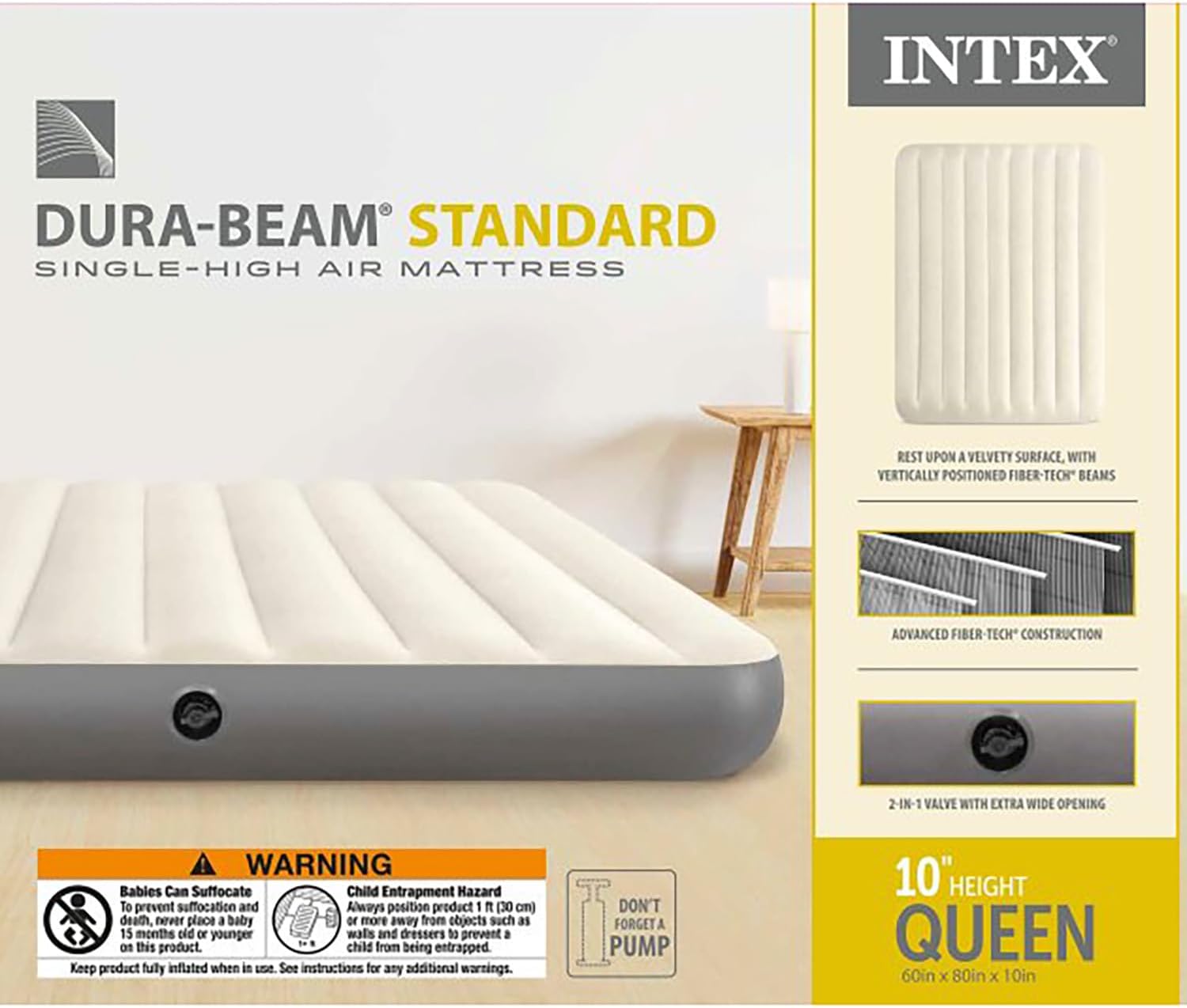 Intex 64103E Dura-Beam Standard Single-High Air Mattress: Fiber-Tech - Queen Size - 10in Bed Height - 600lb Weight Capacity - Pump Sold Separately