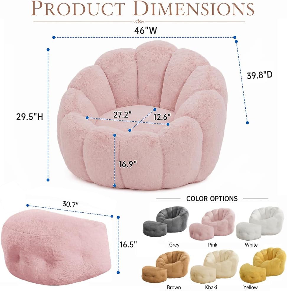 Pink Flower Bean Bag Chair with Ottoman, Fuax Fur Comfy Reading Chair for Bedroom, Fluffy Plush Floor Lazy Sofa for Living Room, Reading Nook