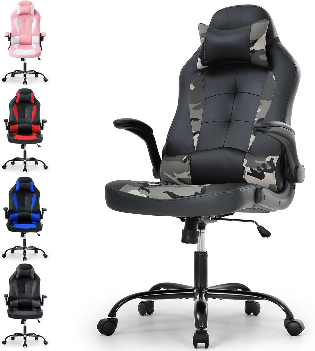 Meet Perfect Gaming Ergonomic Office Desk Chair - Leather Computer With Lumbar Support and Head Pillow - Modern Executive Adjustable Rolling Swivel Task for Home Office, Camo