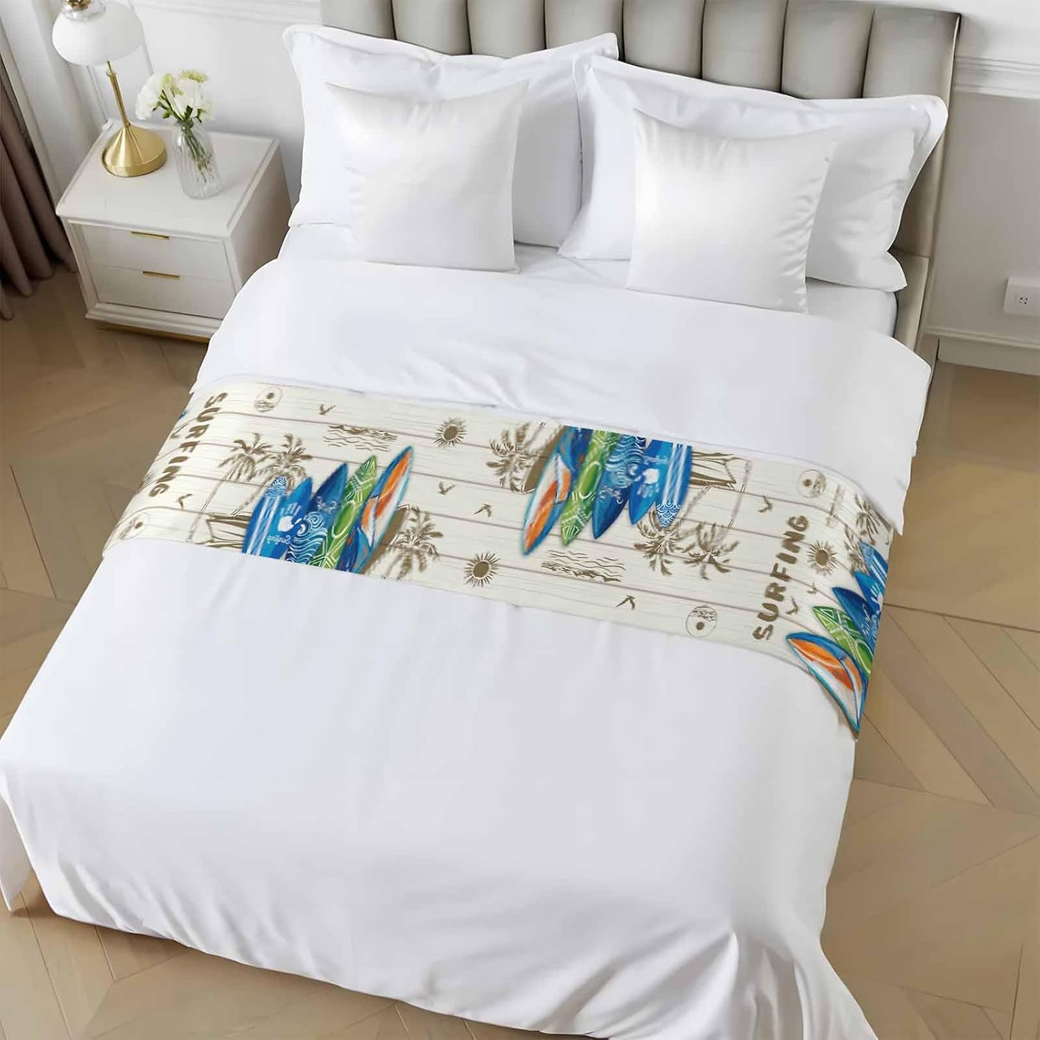 Summer Surfing Bed Runner for King Size Bed, 102"x20" Surfboard Beach Palm Trees Wood Grain Retro Luxury Bed Runners & Scarves Decorative Bedding Scarf Protector Slipcover for Home Hotel