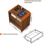 23.6" Walnut Nightstand Set of 2 with Charging Station, Motion-Activated LED Light & Soft Close Lockable Drawer, Anti-Collision Mid Century Modern Bedside Table with 500 LB Capacity & Hidden Storage
