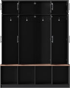 Hall Tree with Bench and Shoe Storage Compartments, Particle Board Multi-Functional Entryway Cabinet with 4 Hanging Hooks, Black