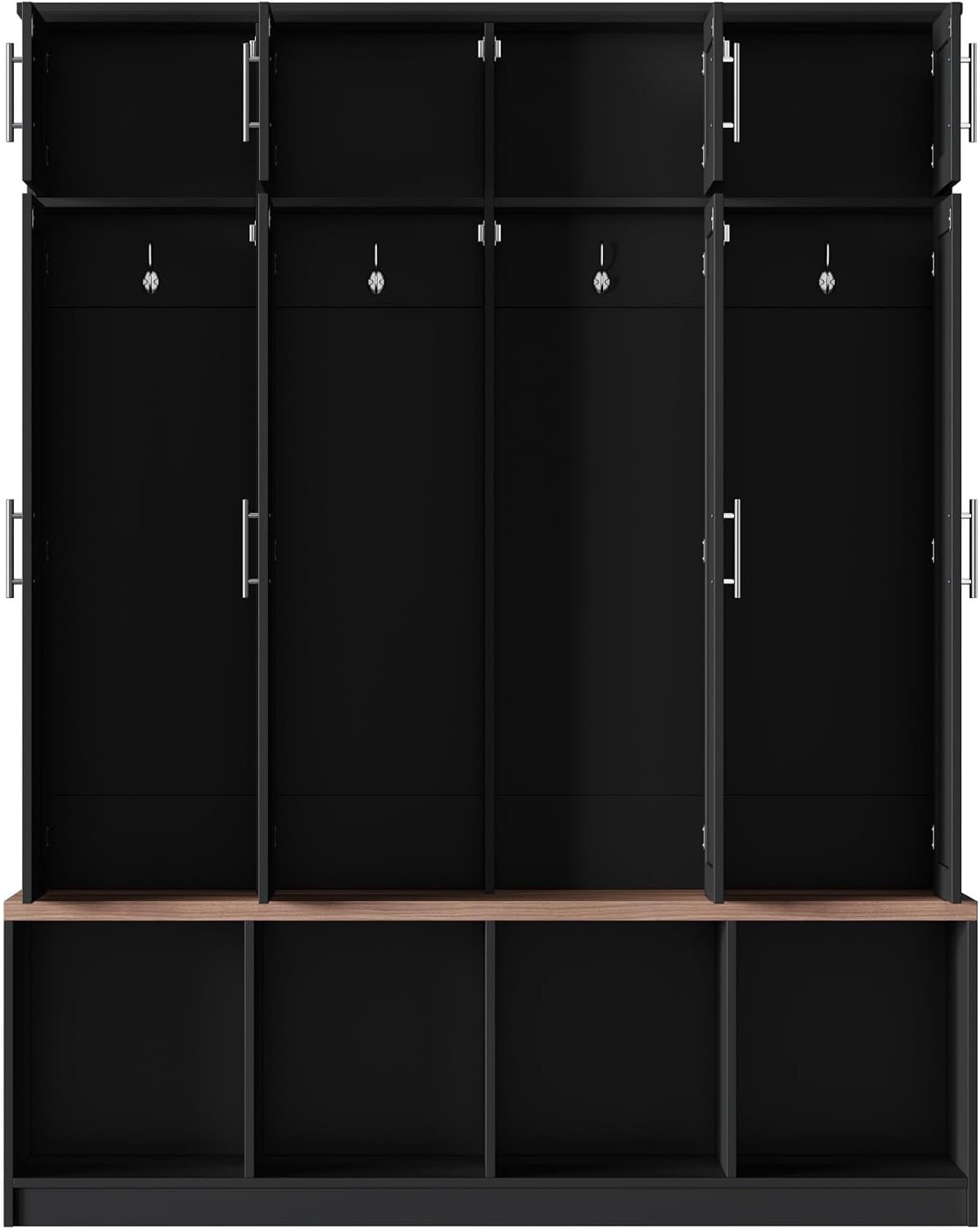 Hall Tree with Bench and Shoe Storage Compartments, Particle Board Multi-Functional Entryway Cabinet with 4 Hanging Hooks, Black