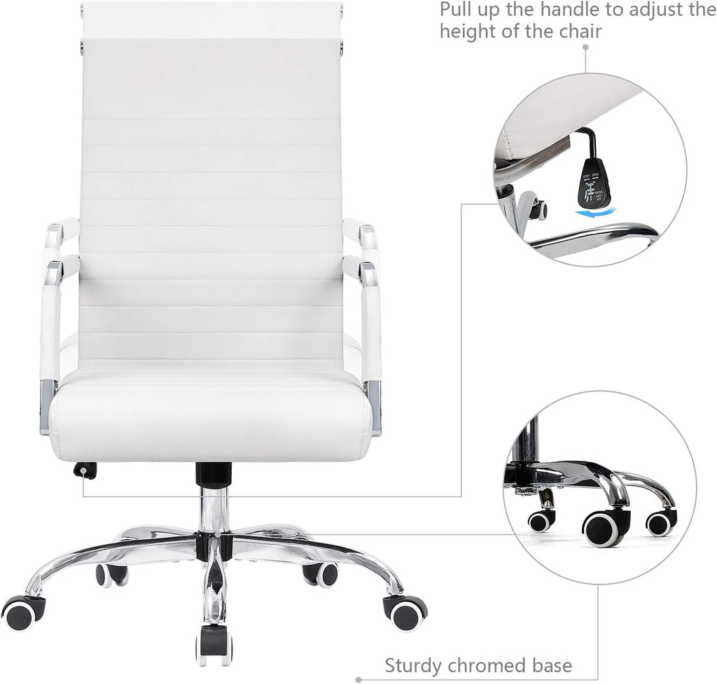 KaiMeng Ribbed Office Desk Mid Back Computer Chair Height Adjustable Conference Executive Task Swivel PU Leather (White)