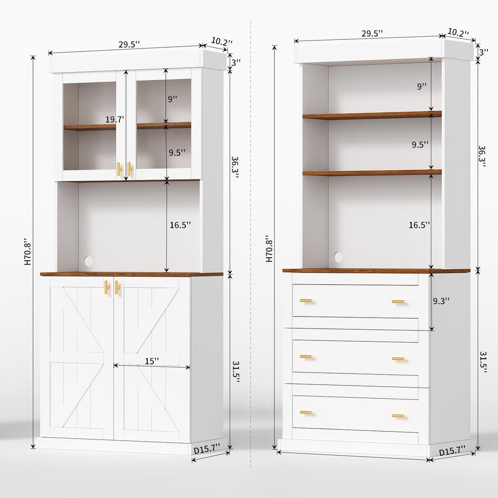 Farmhouse Kitchen Pantry Cabinet Set of 2, 71-Inch Tall Storage Cabinet with Glass Doors, Coffee Bar Hutch with Microwave Stand and Adjustable Shelves for Kitchen, Dining Room, Living Room, White