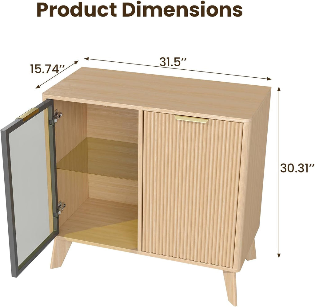 Fluted Buffet Cabinet with Storage, Small Coffee bar Cabinet with Adjustable Shelf for Kitchen, Wood Buffet Cabinet Sideborad with Glass Door, Buffet Storage Cabinets for Living Room