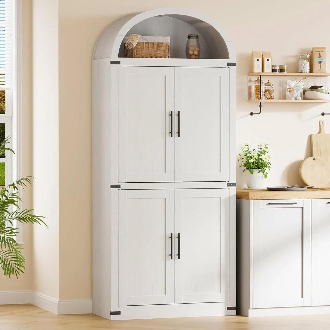 71.6" Arched Kitchen Pantry Cabinet,Farmhouse Arched Cabinet with Bookshelf and Storage Cabinets for Kitchen, Dining Room, Bathroom
