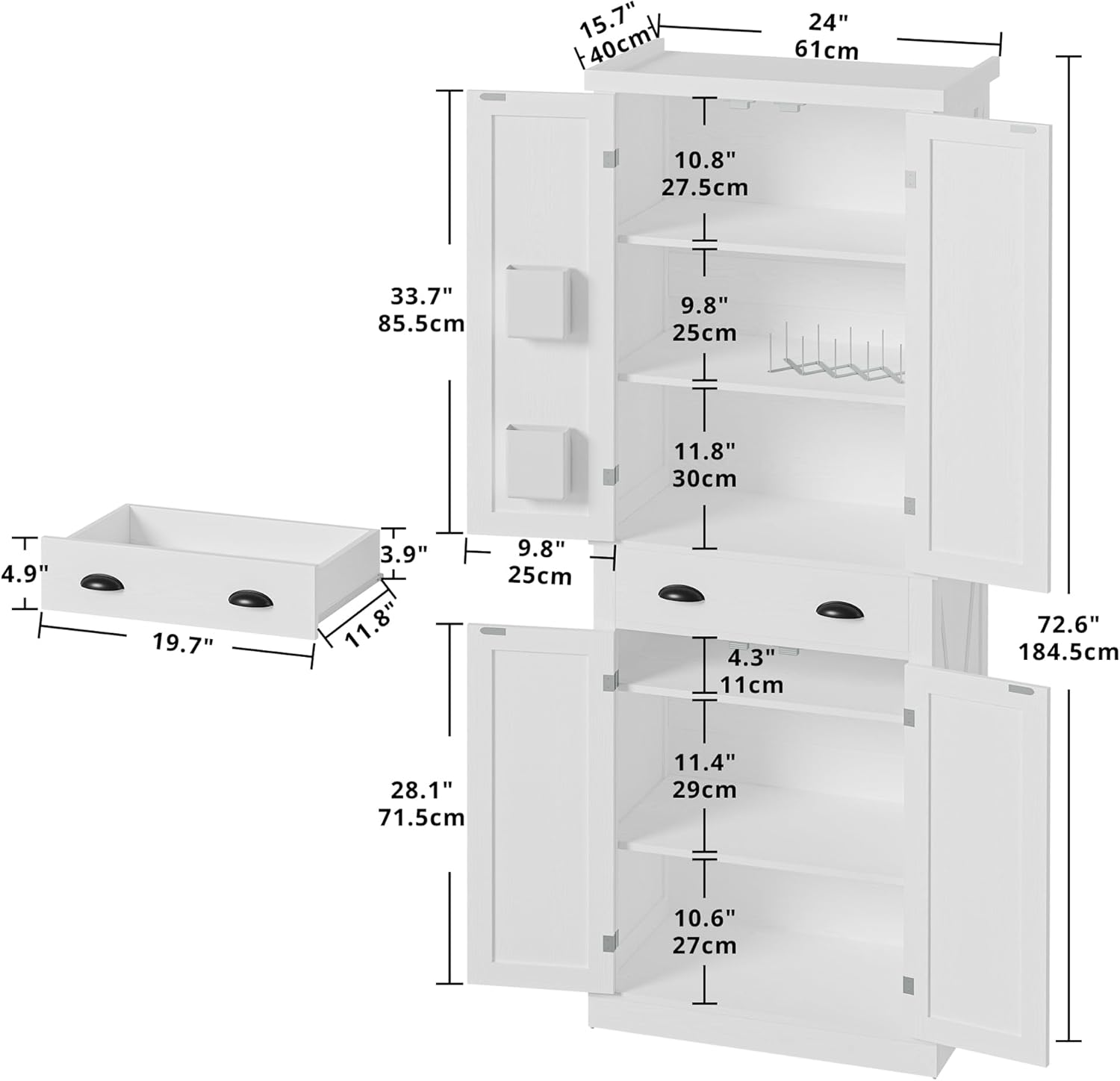 IRONCK Kitchen Pantry Storage Cabinet 72.6" H x 24" W, with Barn Doors, Drawer, 4 Adjustable Shelves, Freestanding Cupboard, Laundry, White