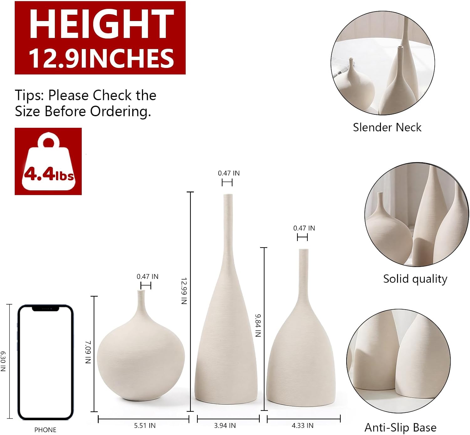 Relexome Ceramic Vase Set of 3 Neutral Vases Home Decor Modern Minimalist Decorative Vase Matte Ribbed Vases for Centerpieces Living Room Shelf Entryway Table Decor Beige