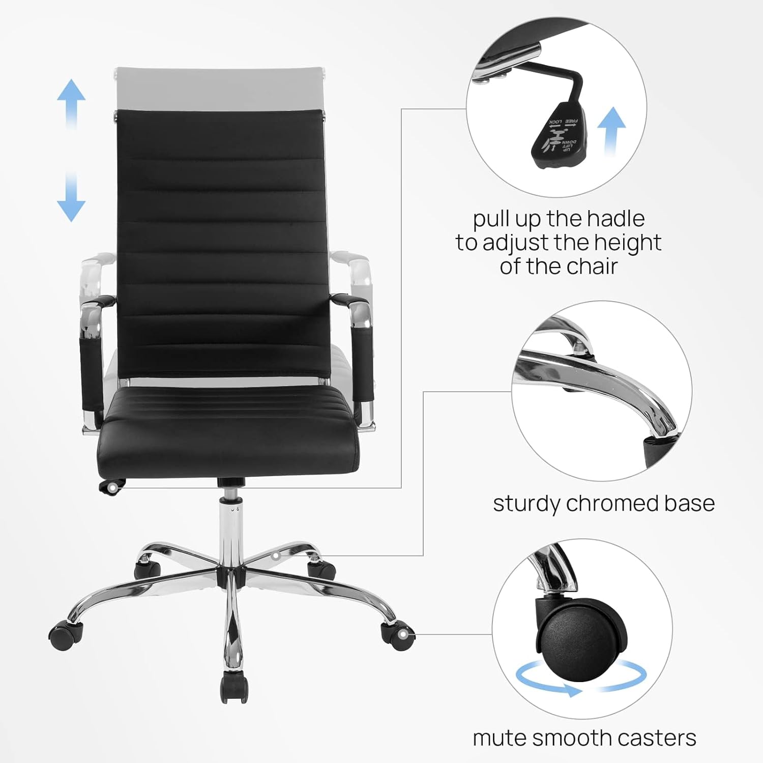 Office Desk Chair with Wheels Set of 8, Ergonomic Black Leather Conference Room Chairs Height Adustable | Ribbed High Back | Swivel Rolling Task Chair, Black