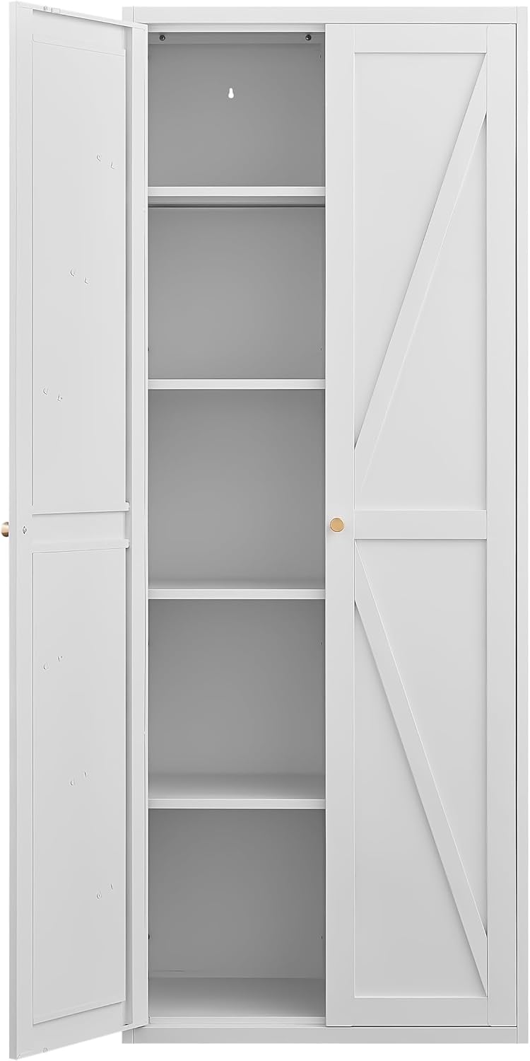 Kitchen Pantry Cabinet: Rustic White Steel Storage with Adjustable Shelves - Double Door Design for Small Apartments Kitchen Organization & Home Storage Solutions