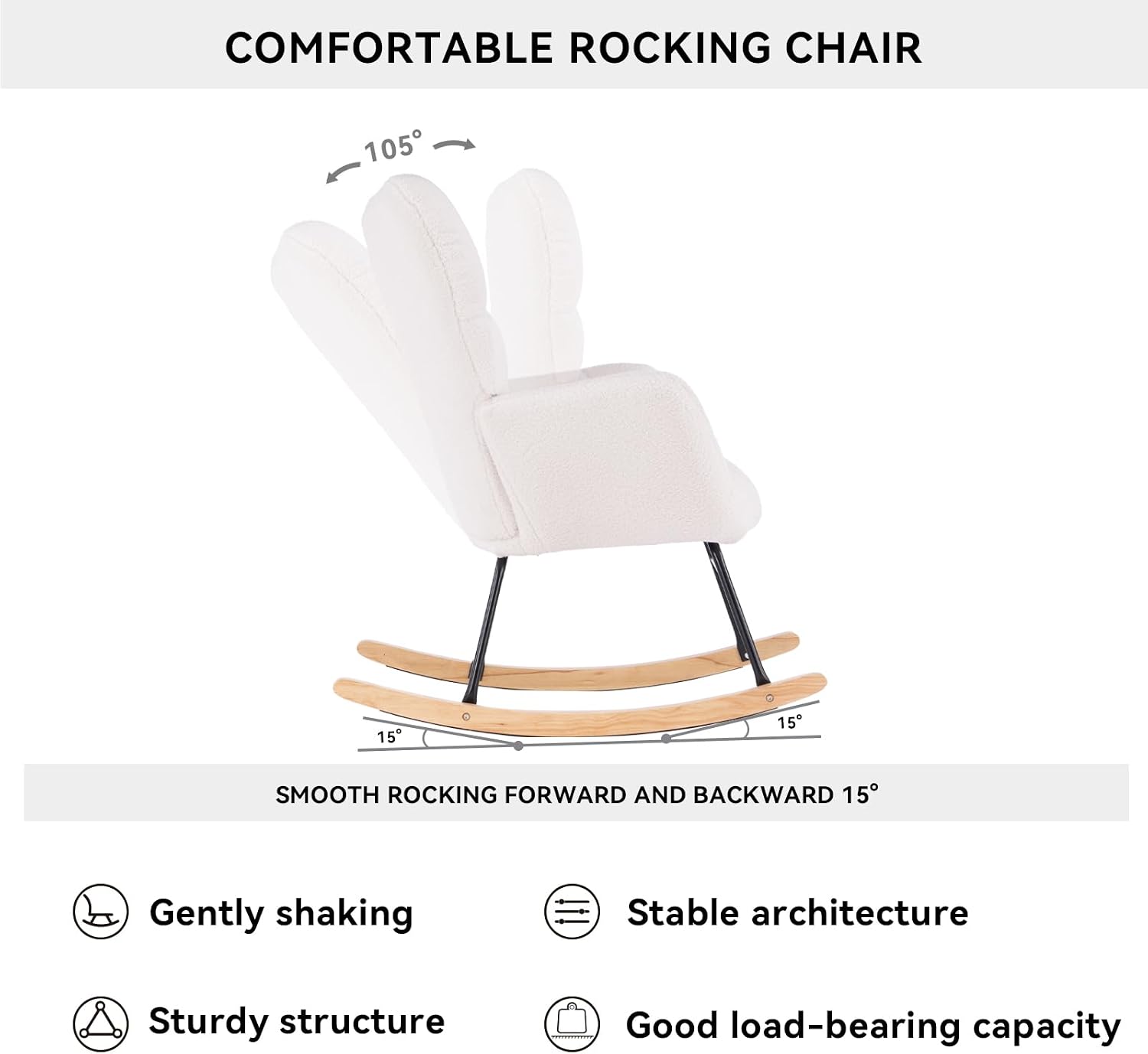 FOXHUNTER Rocking Chair Nursery Teddy Upholstered Glider Rocker High Backrest Nursery Rocker Comfortable Stylish Accent Armchair for Living Rooms Bedrooms Offices (Teddy Ivory)