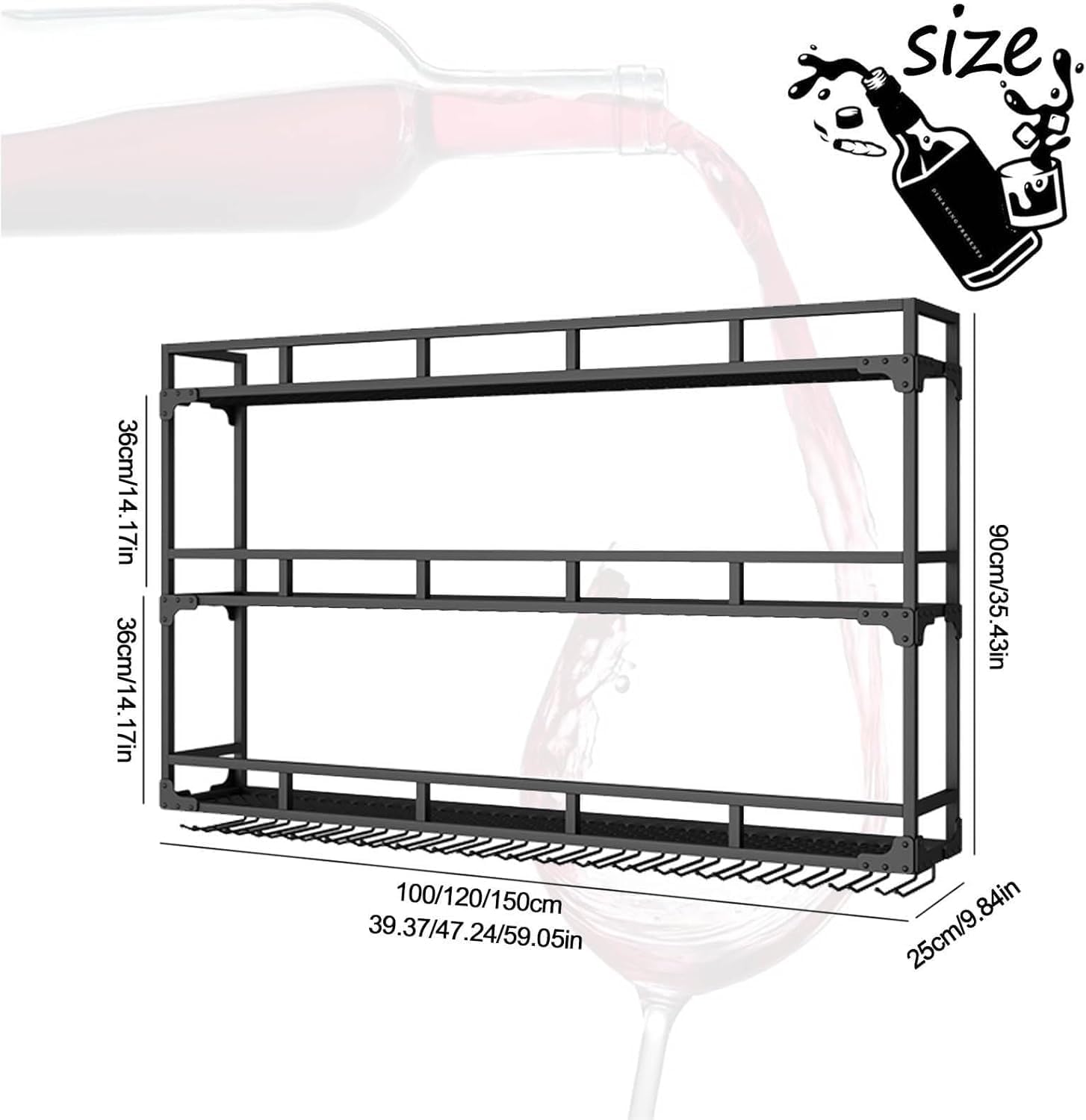 Wall Mounted Wine Rack, Floating Industrial Liquor Glass Holder 3 Tiers, Large Metal Wine Bottle Display Rack Hanging Shelf, for Home Bar Dining Room Decorative (Black, 70.86x35.43x9.84in)