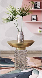 Pemberly Row 19" H Transitional Glass Side Table, Antique Brass Finish, Handcrafted Round Iron Top, Transparent Glass Base Design, Elegant Accent Table for Living Room Use, 17.2" W x 17.2" D