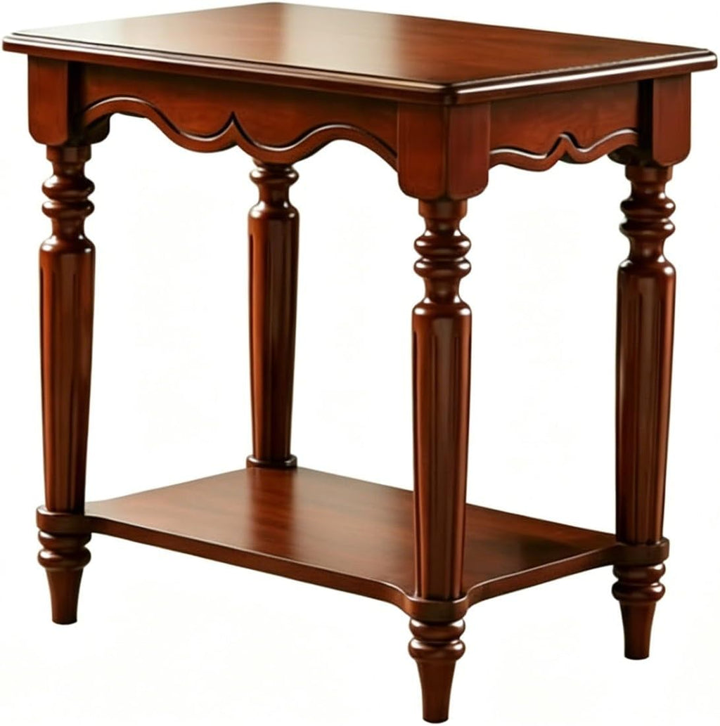 Solid Birch Wood 2-Tier End Table, Classic European Rectangle Side Table with Turned Legs & Carved Details, Accent Nightstand for Living Room Bedroom Furniture, Cherry Brown
