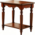 Solid Birch Wood 2-Tier End Table, Classic European Rectangle Side Table with Turned Legs & Carved Details, Accent Nightstand for Living Room Bedroom Furniture, Cherry Brown