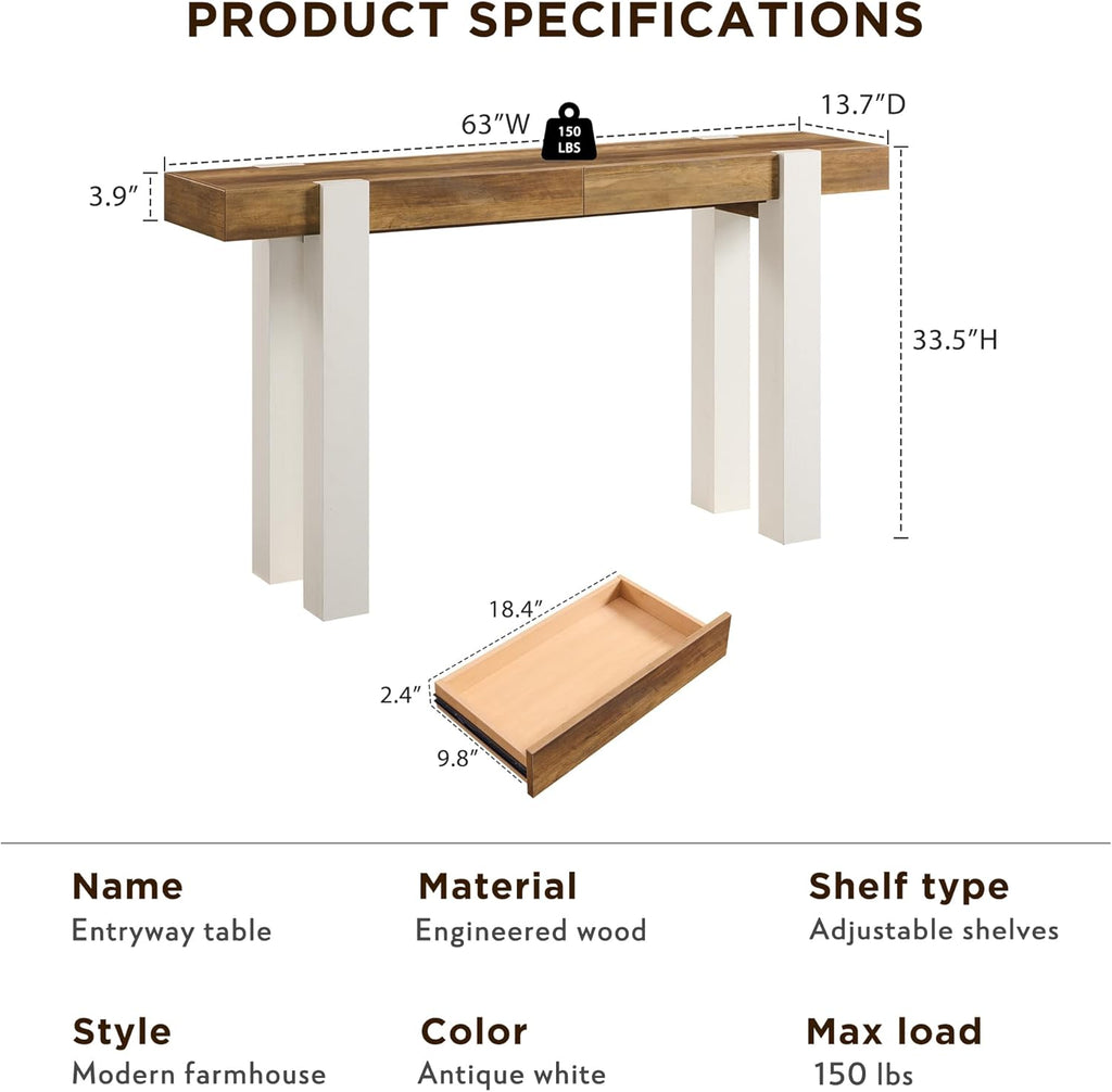 OKD Modern Farmhouse Entryway Table with 2 Drawers, 63" Wooden Console Table for Hallway, Sofa and Living Room, Antique White