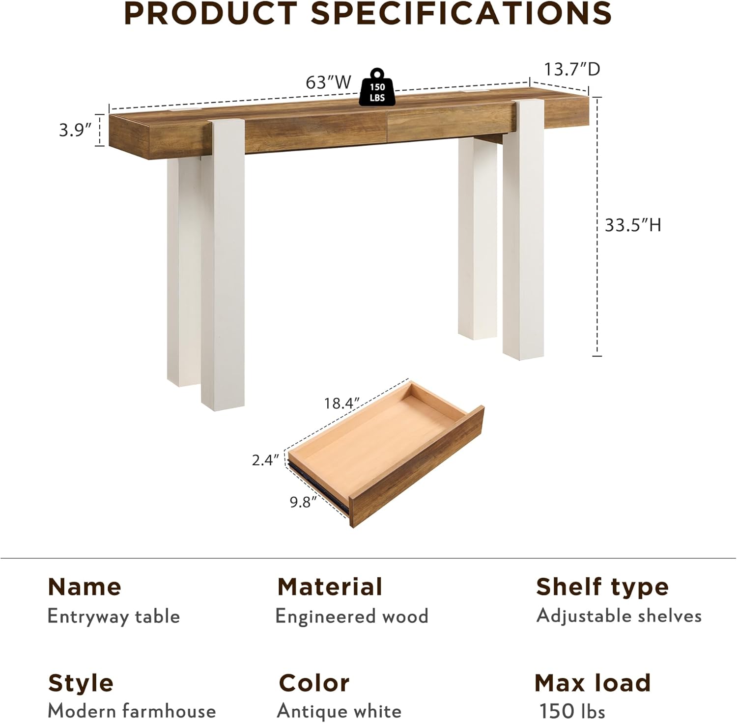 OKD Modern Farmhouse Entryway Table with 2 Drawers, 63" Wooden Console Table for Hallway, Sofa and Living Room, Antique White