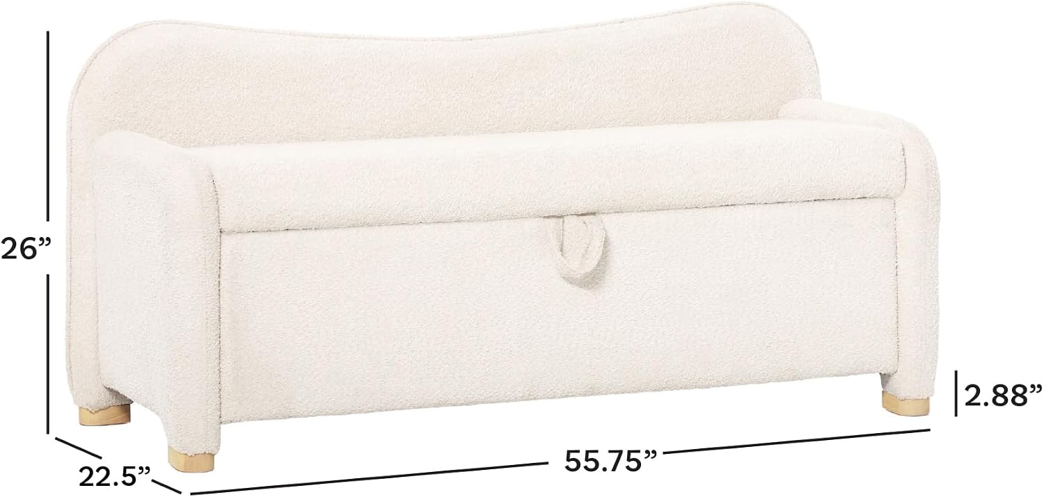 Walker Edison Chantelle Modern Contemporary Curved Upholstered Bench with Storage, 56 Inch, Ivory Bouclé