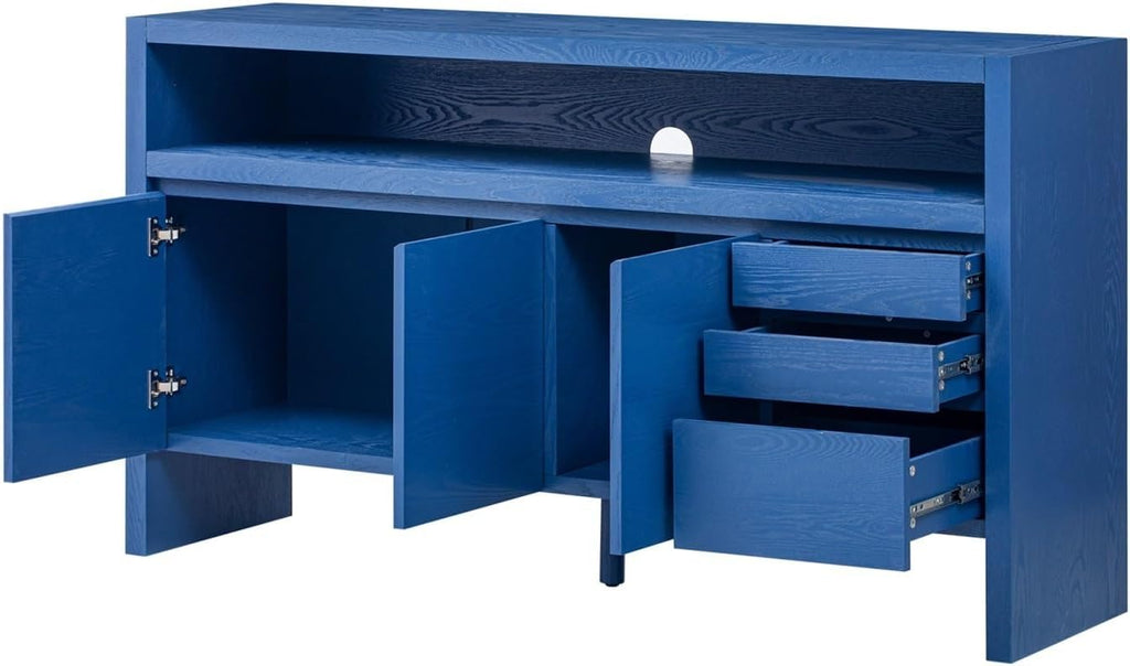60" 3-Door Sideboard with 3 Drawers - Semi-Open Shelf & Center Semi-Circular Cutout in Back Panel, Large Storage Cabinet for Living Room, Hallway, Dining,for Kitchen