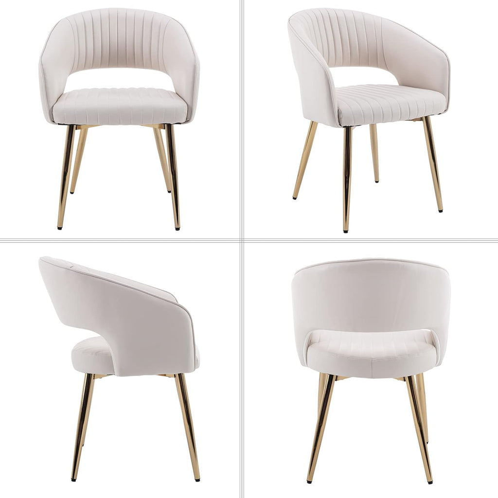Modern Dining Chairs Set of 6, Upholstered PU Leather Dining Room Chairs with Gold Metal Legs, Accent Kitchen Chairs with Curved Backrest for Living Room, Cream