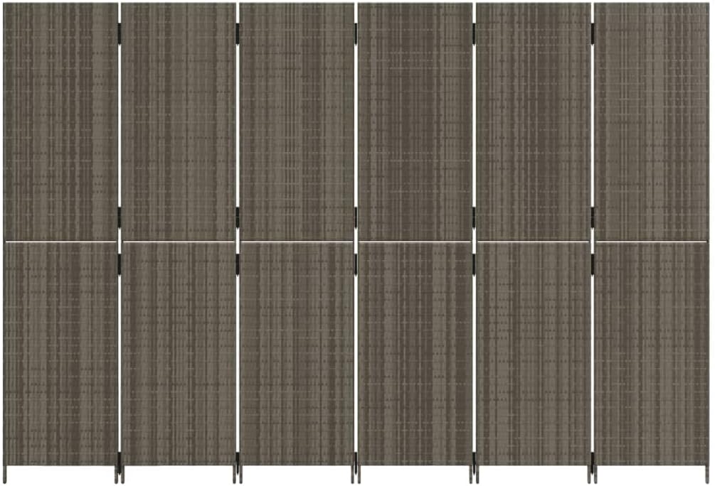 Poly Rattan Room Divider 6 Panels Gray, Privacy Screen with Powder-Coated Steel Frame, Foldable Partition for Indoor Outdoor Use, Blocks Sunlight